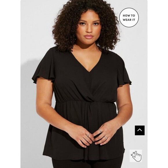 NWT TORRID Georgette Twist Surplice Flutter Sleeve Blouse in Black Plus Size 0 - Picture 1 of 12